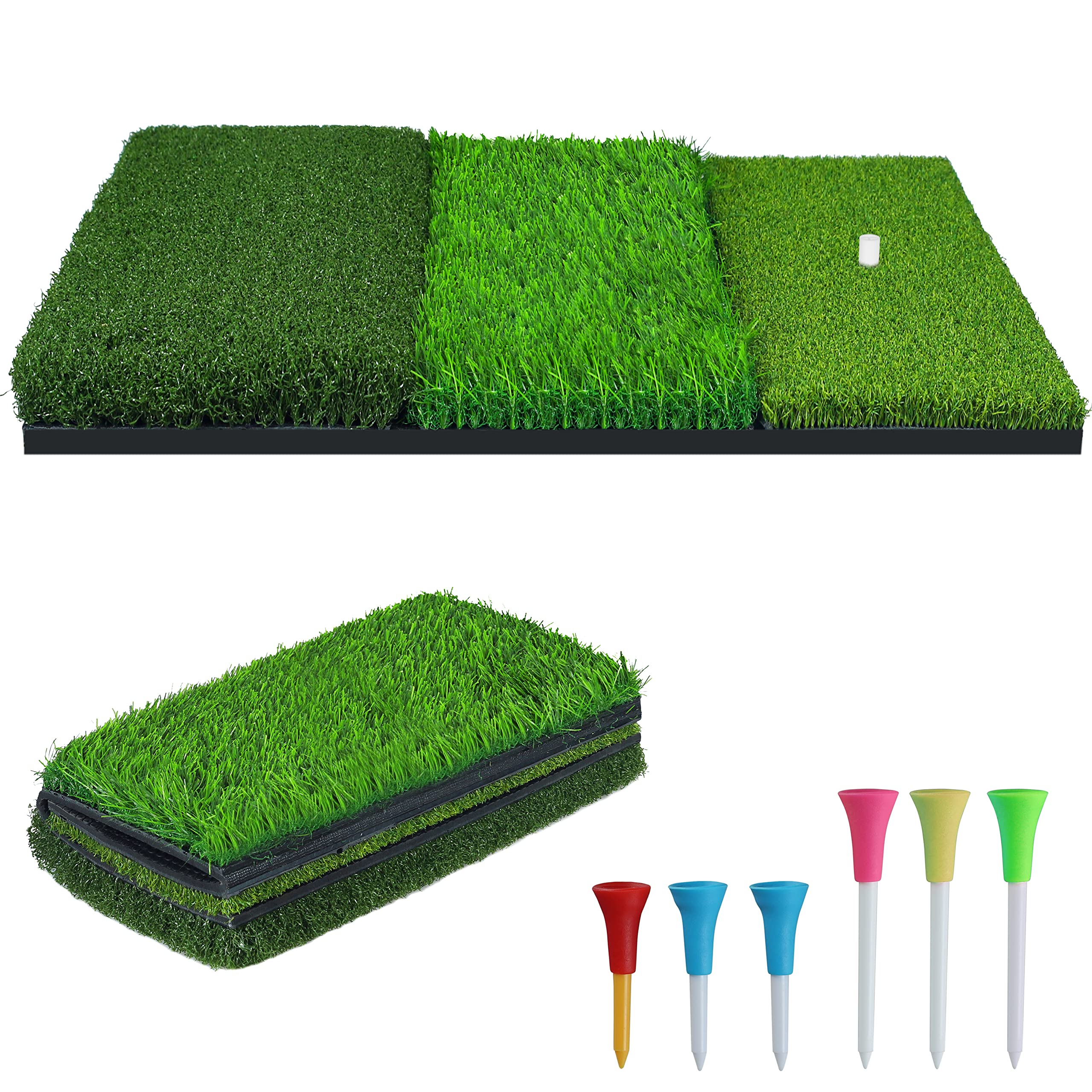 NEWCARE Golf Hitting Mat 3-in-1 Foldable Golf Mat Indoor Outdoor Tri-Turf Golf Practice Mat Traint Aid Batting for Chipping Swing Detection Portable Personal Driving Range for Backyard